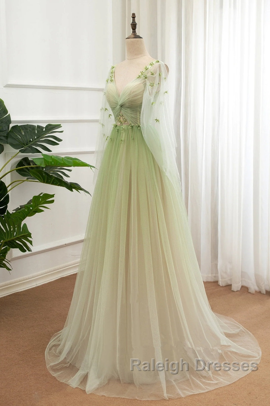 A Line Green Tulle Gradient Long Prom Dresses Green Floor Length Prom Dresses