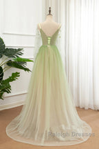 A Line Green Tulle Gradient Long Prom Dresses Green Floor Length Prom Dresses