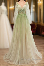 A Line Green Tulle Gradient Long Prom Dresses Green Floor Length Prom Dresses