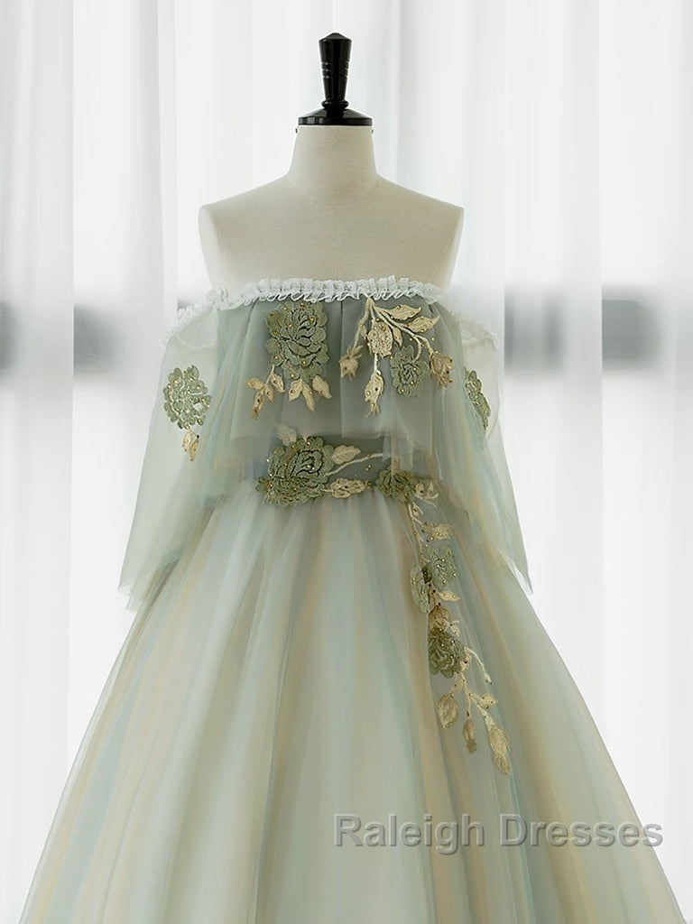 A-Line Green Tulle Lace Long Prom Dresses Green Tulle Lace Long Prom Dresses Secondary image