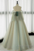 A-Line Green Tulle Lace Long Prom Dress, Green Tulle Lace Long Formal Dress