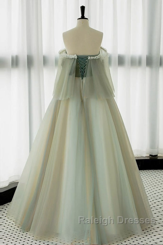 A-Line Green Tulle Lace Long Prom Dress, Green Tulle Lace Long Formal Dress