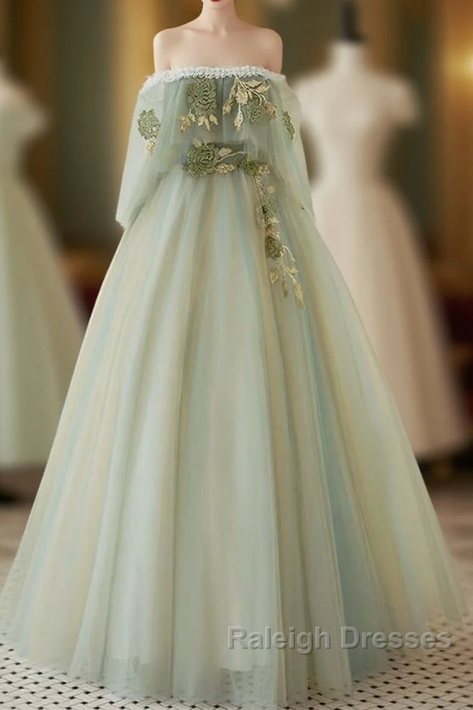 A-Line Green Tulle Lace Long Prom Dresses Green Tulle Lace Long Prom Dresses Main image