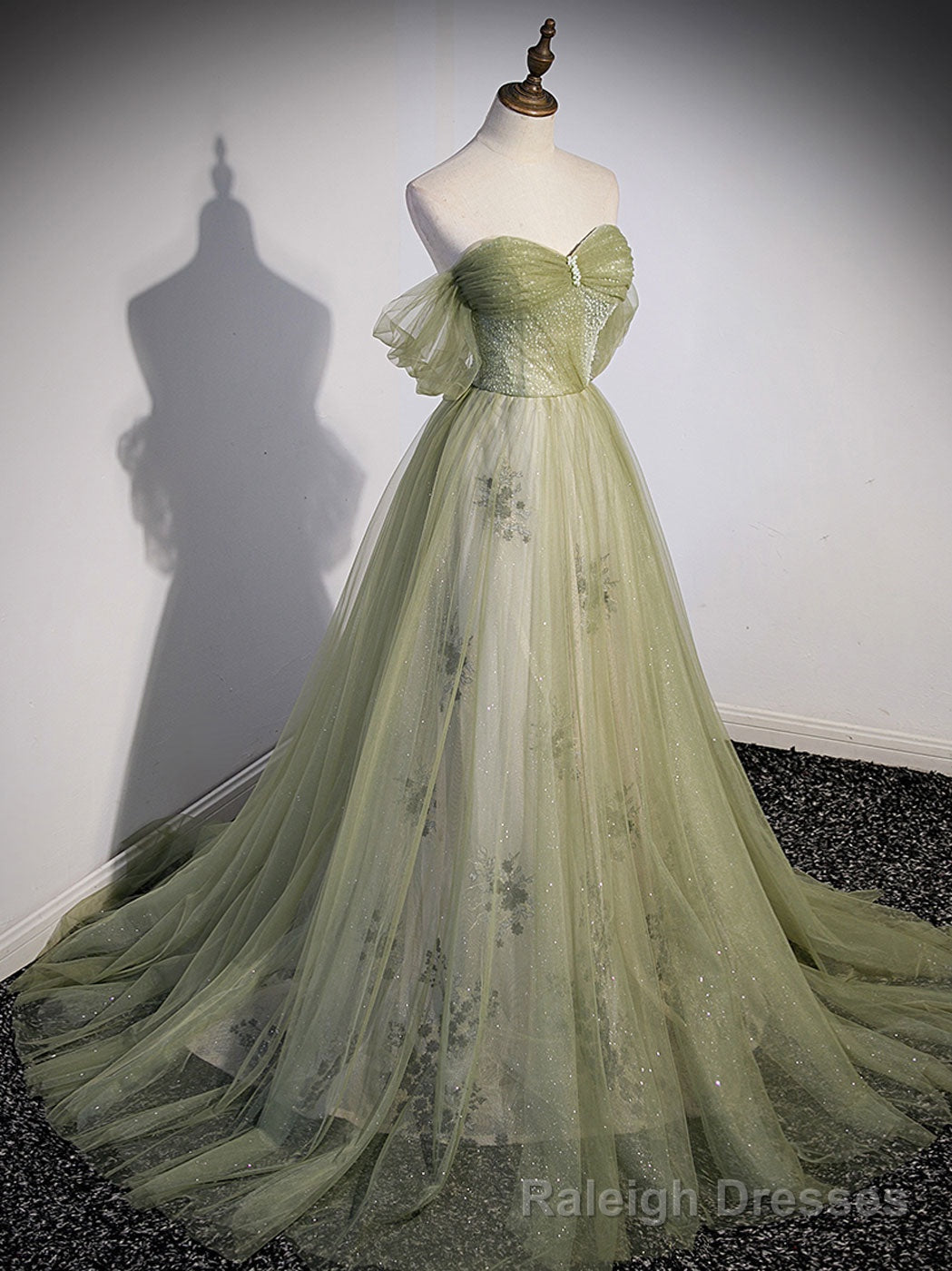 A Line Green Tulle Long Prom Dress, Green Formal Prom Dress with Beading