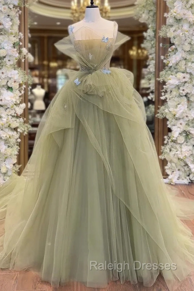 A-Line Green Tulle Long Prom Dress, Green Long Graduation Dress Main image