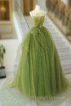 A-Line Green Tulle Long Prom Dress, Green Tulle Long Evening Dress