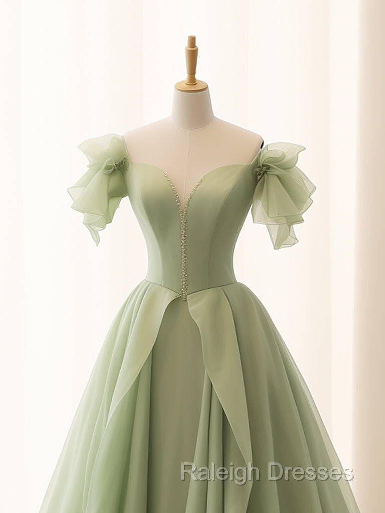A Line Green Tulle Long Prom Dress, Green Tulle Long Formal Dress