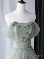A Line Green Tulle Long Prom Dress,Unique Formal Prom Dresses