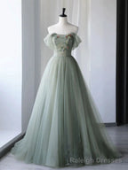 A Line Green Tulle Long Prom Dress,Unique Formal Prom Dresses
