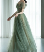 A-Line Green Tulle Long Prom Dresses, Green Formal Evening Dresses