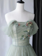 A-Line Green Tulle Long Prom Dresses, Green Formal Evening Dresses