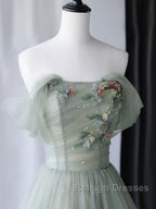 A-Line Green Tulle Long Prom Dresses, Green Formal Evening Dresses