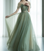 A-Line Green Tulle Long Prom Dresses, Green Formal Evening Dresses