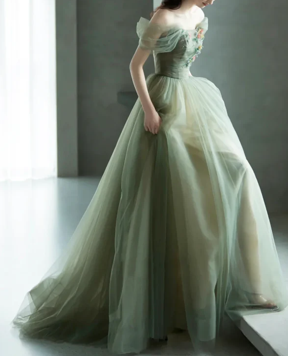 A-Line Green Tulle Long Prom Dresses, Green Formal Evening Dresses