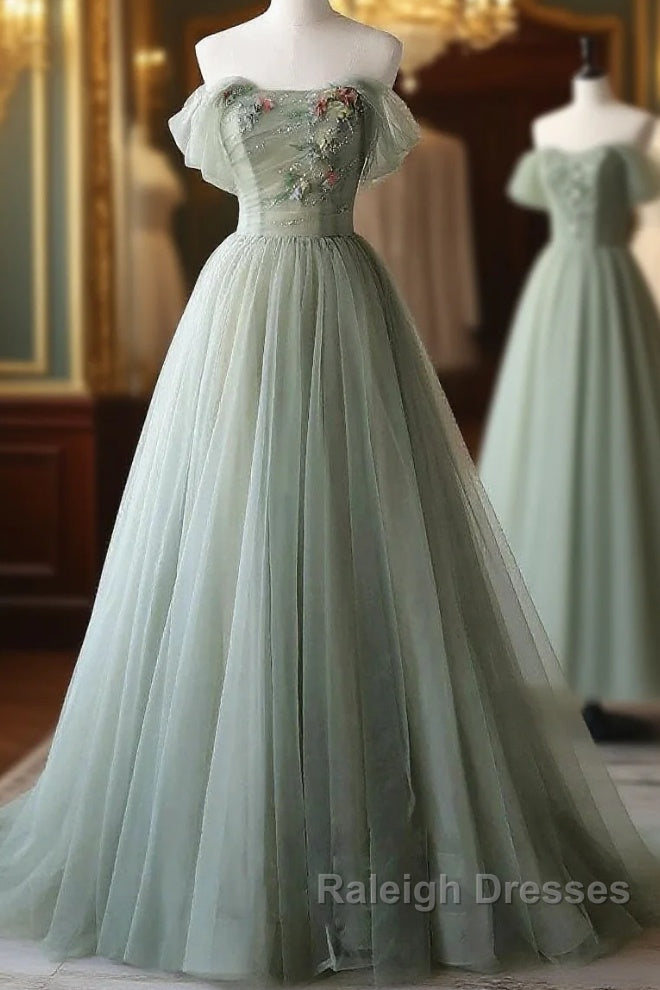 A-Line Green Tulle Long Prom Dresses, Green Formal Evening Dresses Main image