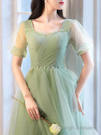 A-Line Green Tulle Short Prom Dress, Green Short Formal Dress