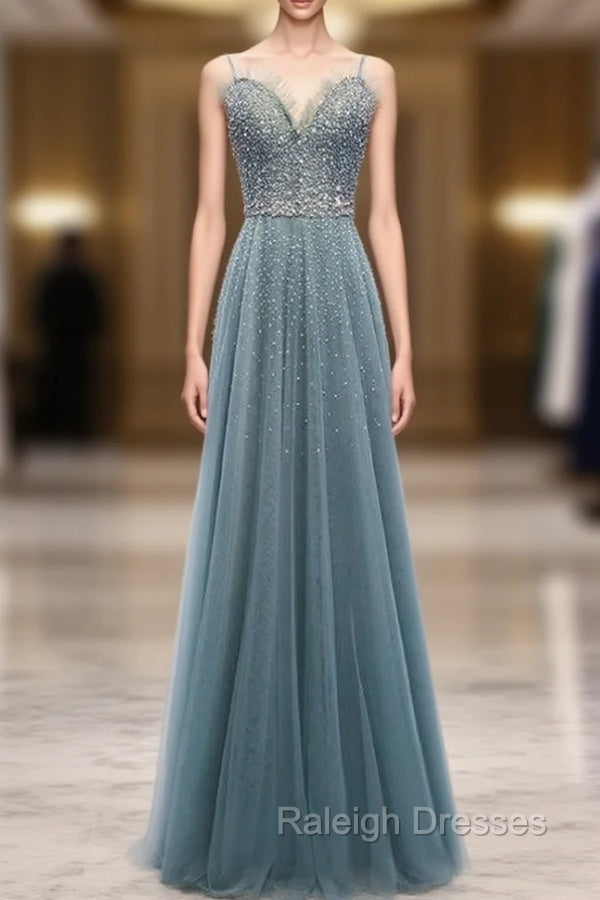 A Line Green Tulle Spaghetti Straps Beading Prom Dress