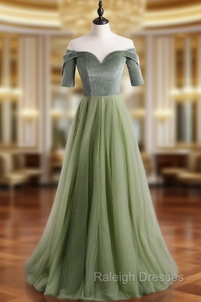 A-Line Green Tulle Velvet Short Sleeve Prom Dress