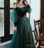 A-Line Green Tulle With Lace Long Prom Dresses Green Prom Dresses
