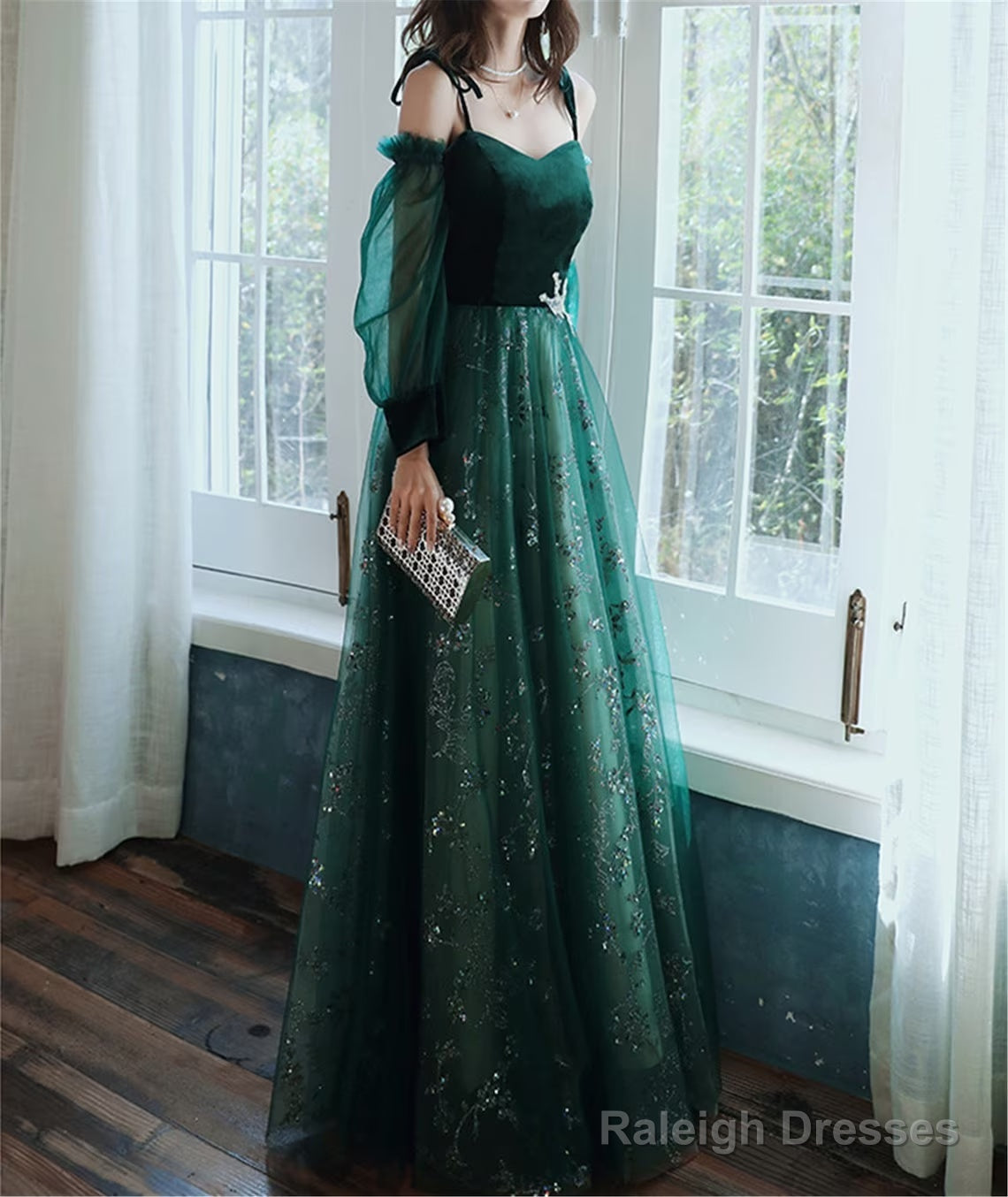 A-Line Green Tulle With Lace Long Prom Dresses Green Prom Dresses