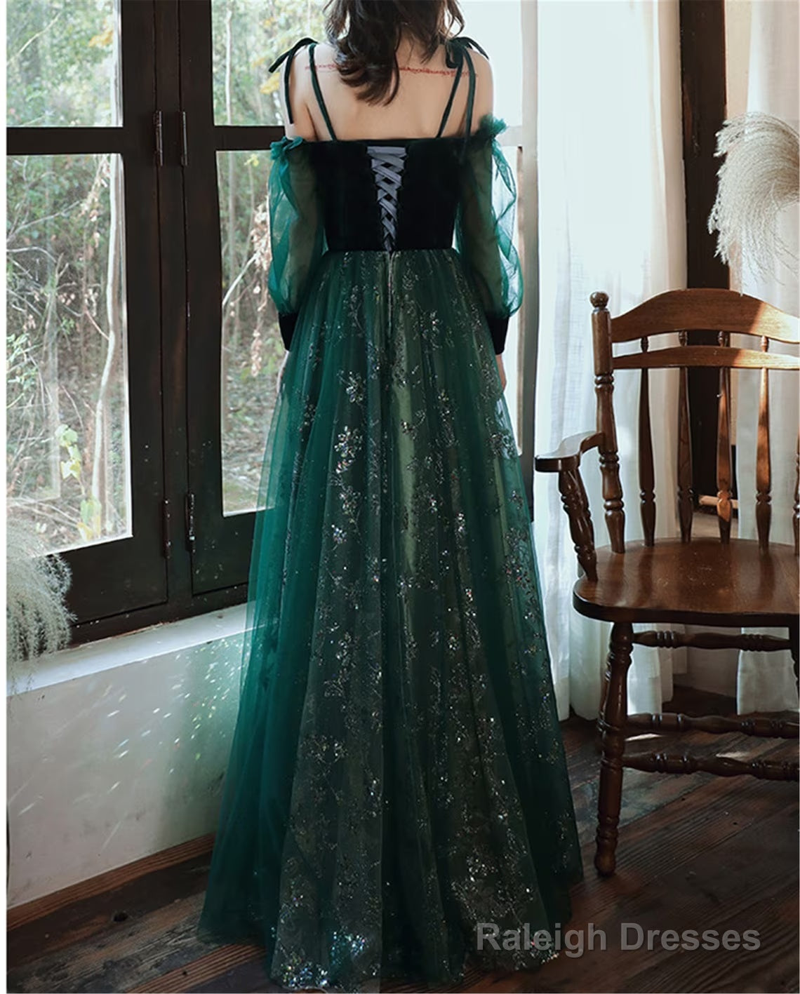A-Line Green Tulle With Lace Long Party Dress, Green Evening Prom Dress