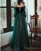 A-Line Green Tulle With Lace Long Prom Dresses Green Prom Dresses