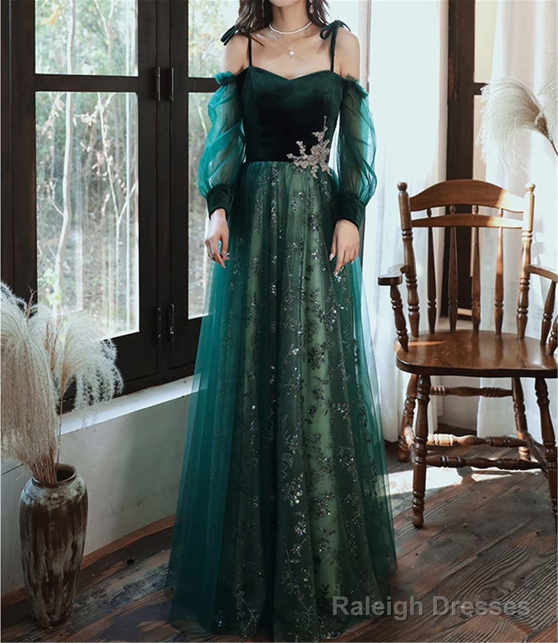 A-Line Green Tulle With Lace Long Party Dress, Green Evening Prom Dress