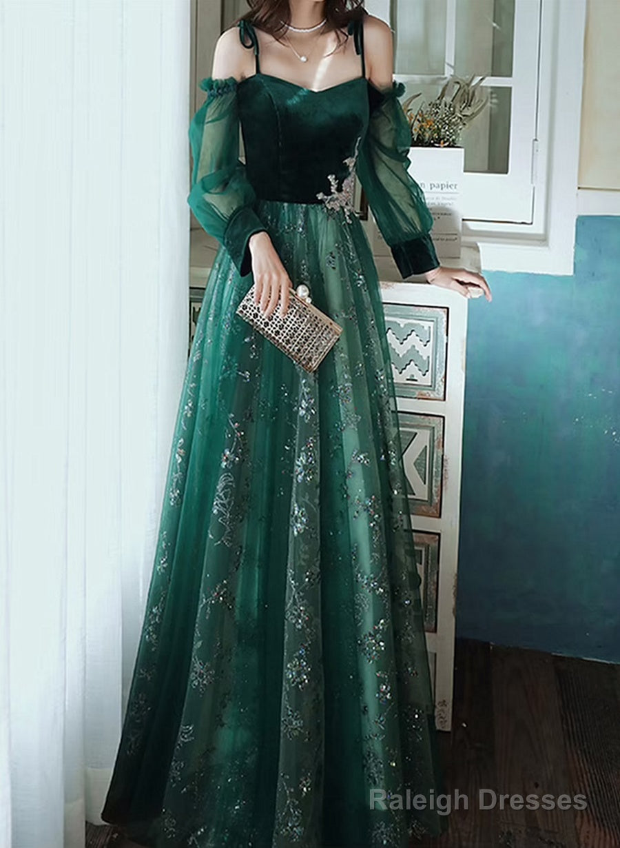 A-Line Green Tulle With Lace Long Party Dress, Green Evening Prom Dress Main image