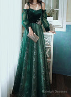 A-Line Green Tulle With Lace Long Prom Dresses Green Prom Dresses