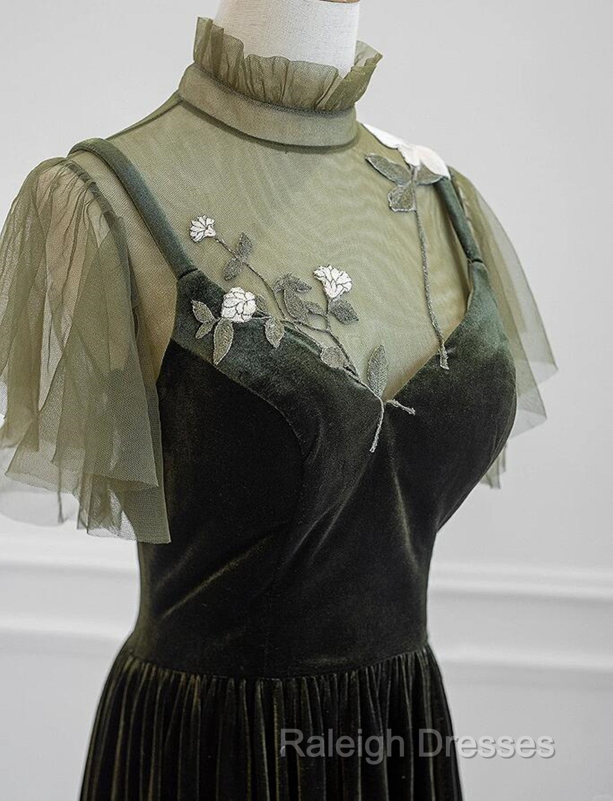 A-Line Green Velvet Long Wedding Party Dress, High Neckline Prom Dress Evening Dress Secondary image