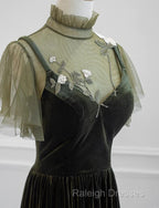 A-Line Green Velvet Long Wedding Party Dress, High Neckline Prom Dress Evening Dress