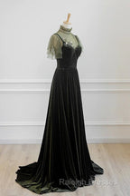 A-Line Green Velvet Long Wedding Party Dress, High Neckline Prom Dress Evening Dress
