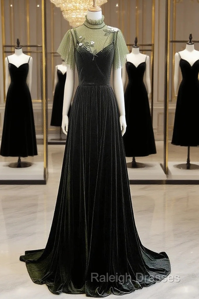 A-Line Green Velvet Long Wedding Party Dress, High Neckline Prom Dress Evening Dress Main image
