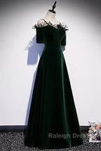 A-Line Green Velvet Spaghetti Straps Prom Dress, Green Wedding Party Dress