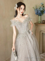 A Line Grey Shiny Tulle Off Shoulder Prom Dress, Grey Beaded Prom Dress