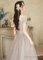 A-line Grey Shiny Tulle Off Shoulder Party Dress, Grey Beaded Prom Dress Evening Dress