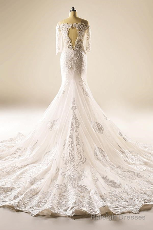 A-Line Half Sleeve Mermaid Lace Beaded Wedding Dresses With Appliques