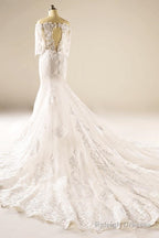 A-Line Half Sleeve Mermaid Lace Beaded Wedding Dress With Appliques