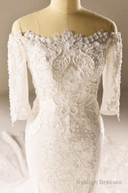 A-Line Half Sleeve Mermaid Lace Beaded Wedding Dress With Appliques