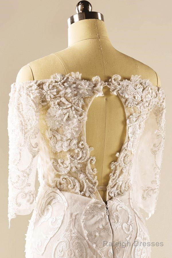 A-Line Half Sleeve Mermaid Lace Beaded Wedding Dresses With Appliques