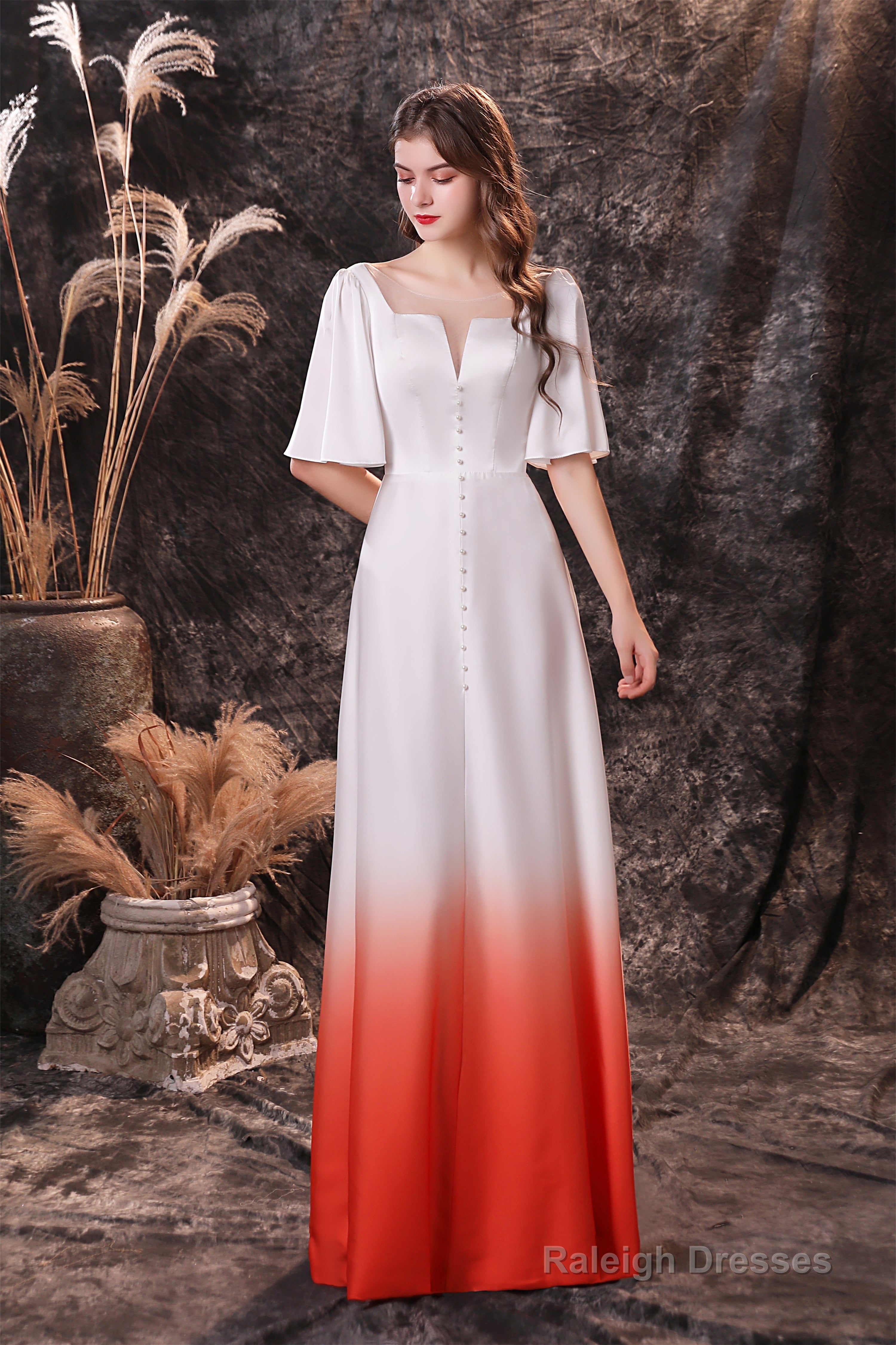 A Line Half Sleeves Ombre Silk Like Satin Floor Length Prom Dresses Main image