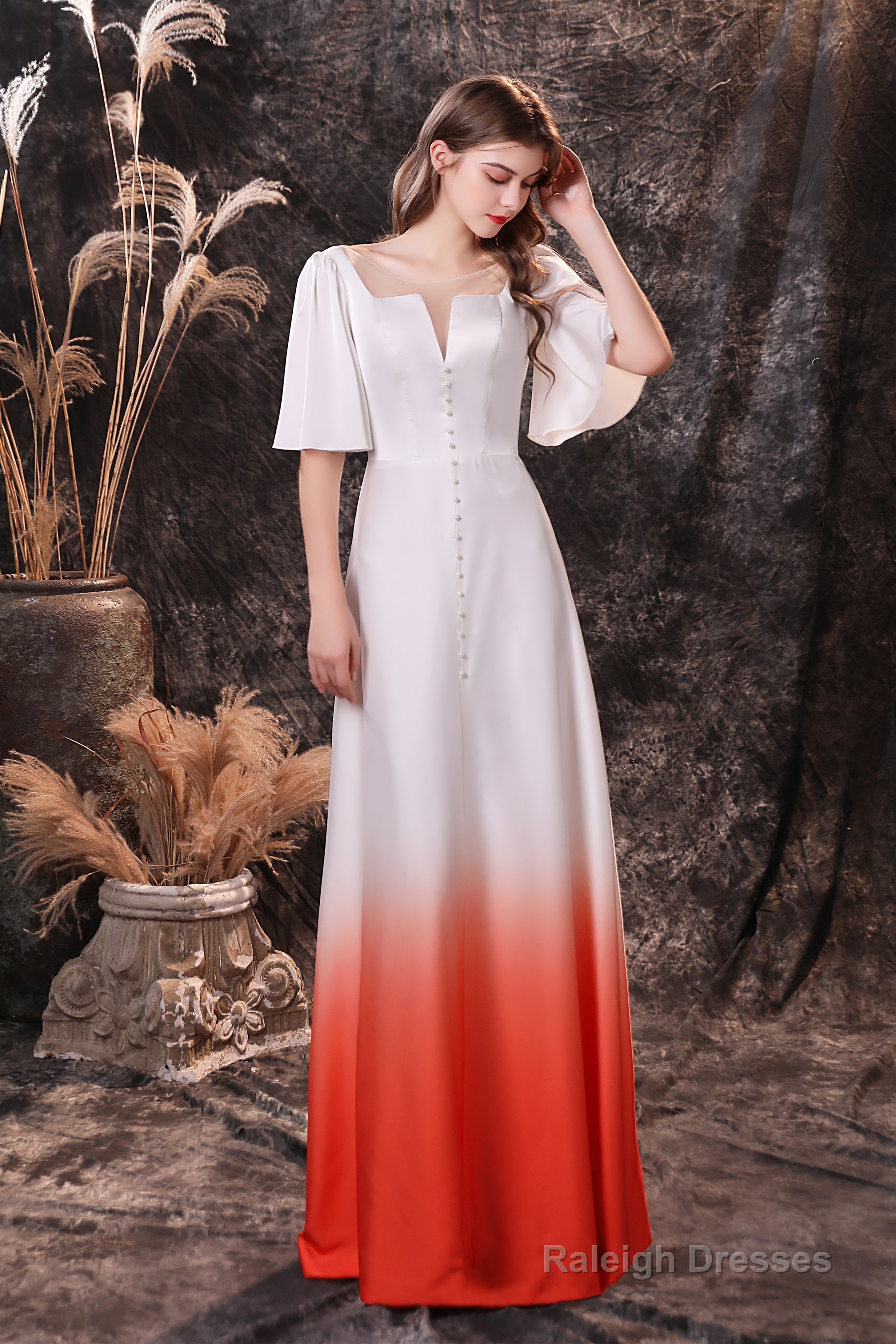 A Line Half Sleeves Ombre Silk Like Satin Floor Length Prom Dresses Secondary image