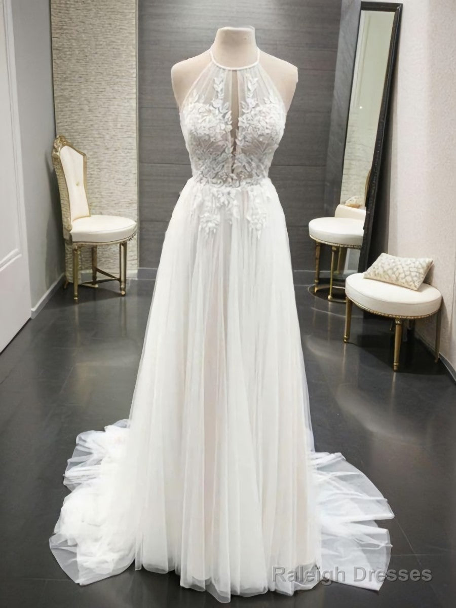 A-Line Halter Appliques Lace Sweep Train Tulle Wedding Dresses Main image