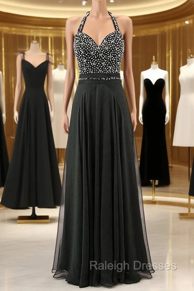 A Line Halter Backless Chiffon Bridesmaid Dress With Beading