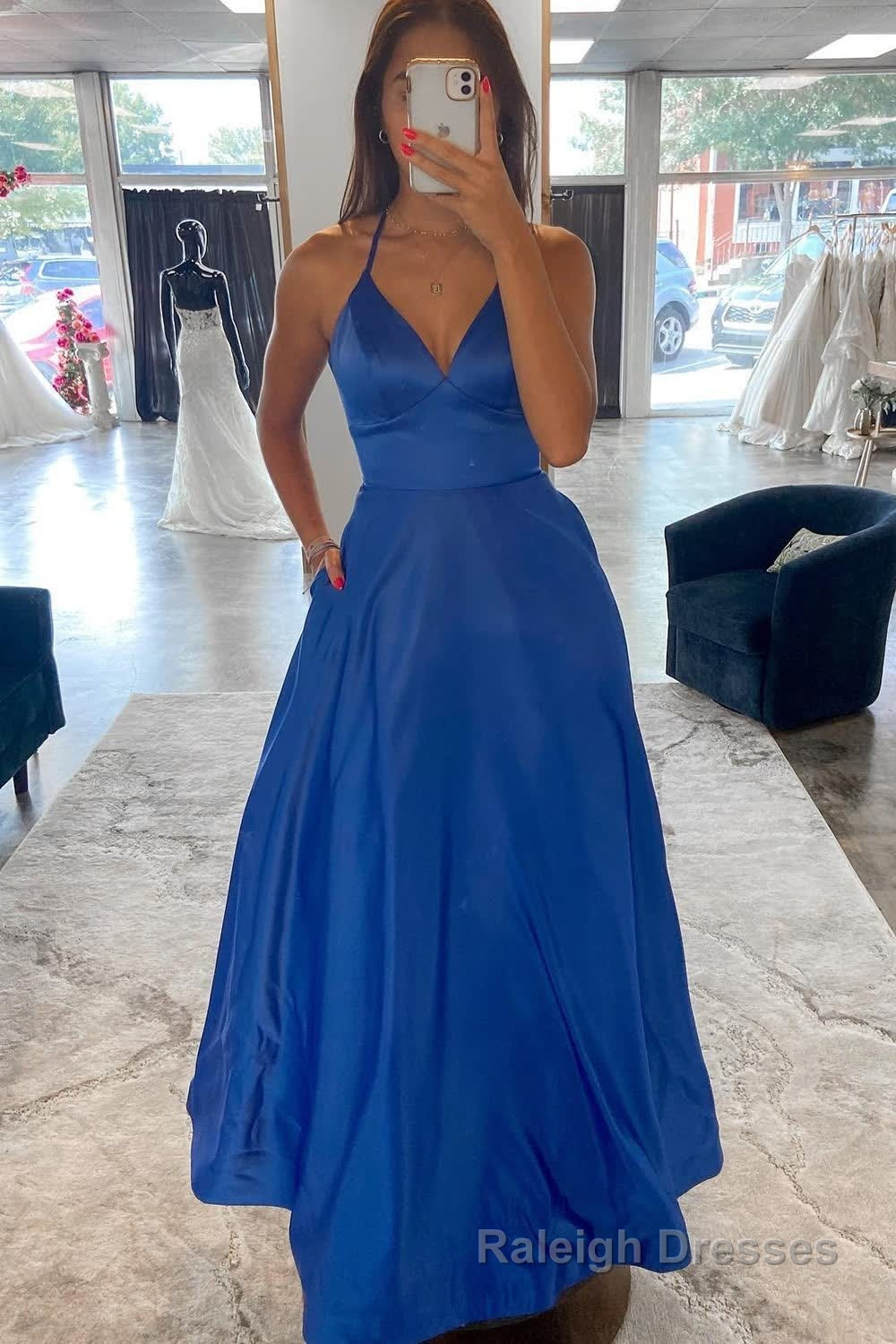 A Line Halter Blue Long Prom Dress with Criss Cross Back Main image