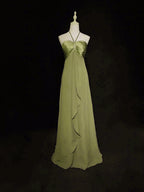A-Line Halter Chiffon And Satin Long Prom Dresses Green Low Back Prom Dresses