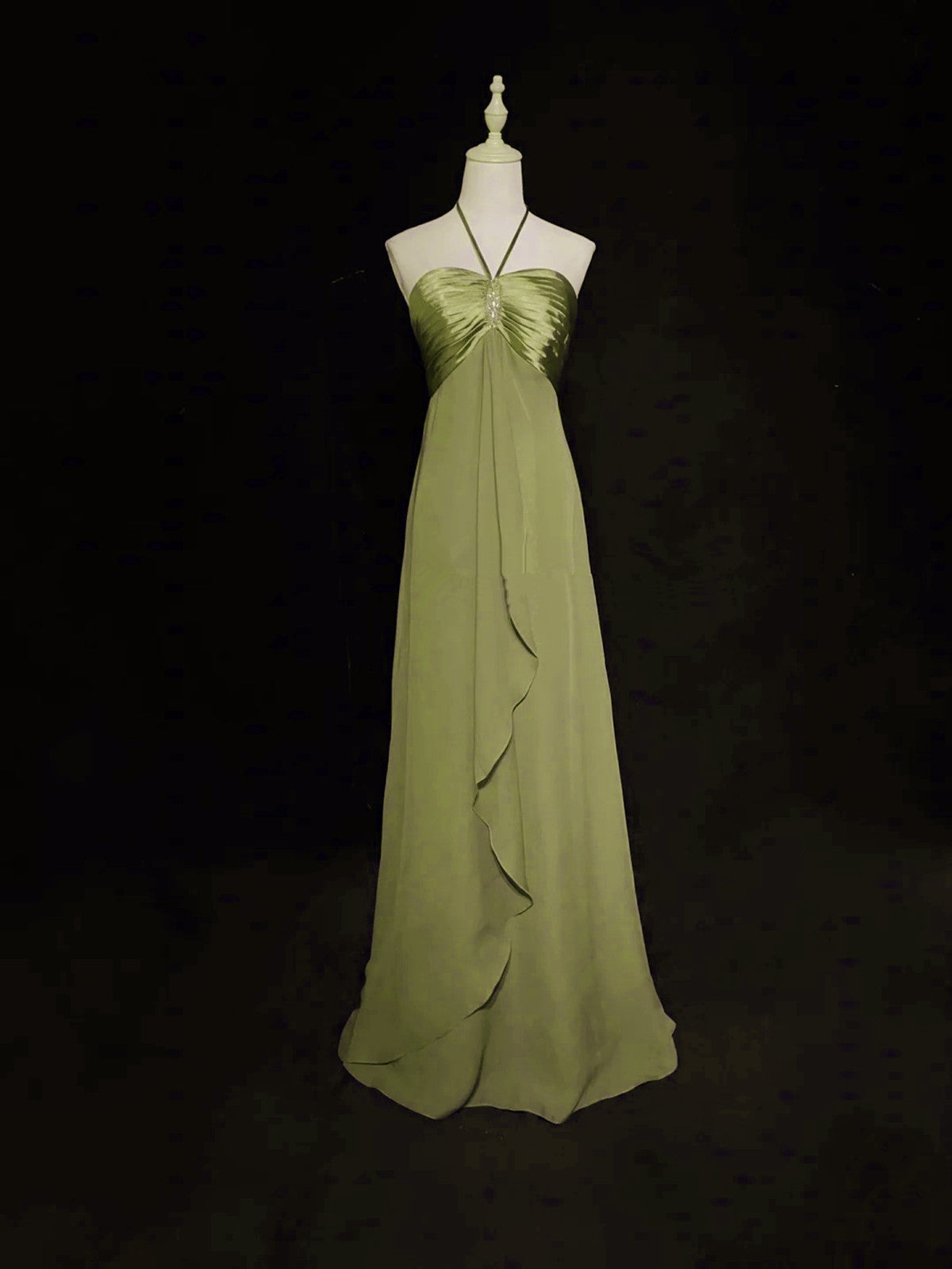 A-Line Halter Chiffon And Satin Long Prom Dresses Green Low Back Prom Dresses