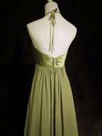A-Line Halter Chiffon And Satin Long Prom Dresses Green Low Back Prom Dresses