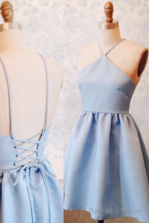 A-Line Halter Lace-Up Short Blue Satin Homecoming Dresses Secondary image