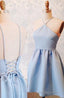A-Line Halter Lace-Up Short Blue Satin Homecoming Dresses
